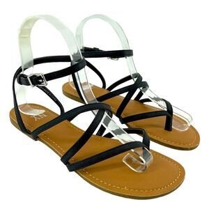 New York & Company Women’s Black Faux Leather Strappy Thong Sandals Size 6